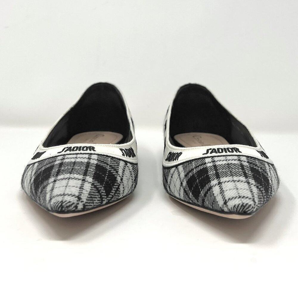 Dior‎ J’Adior Plaid Flats Tartan Wool Pointed Toe Logo Trim Black White 38 - Picture 3 of 11